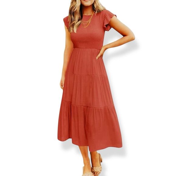 Cottagecore Smocked Tiered Midi Dress Flutter Sleeve Crewneck Rust Orange S NWT - Picture 1 of 16